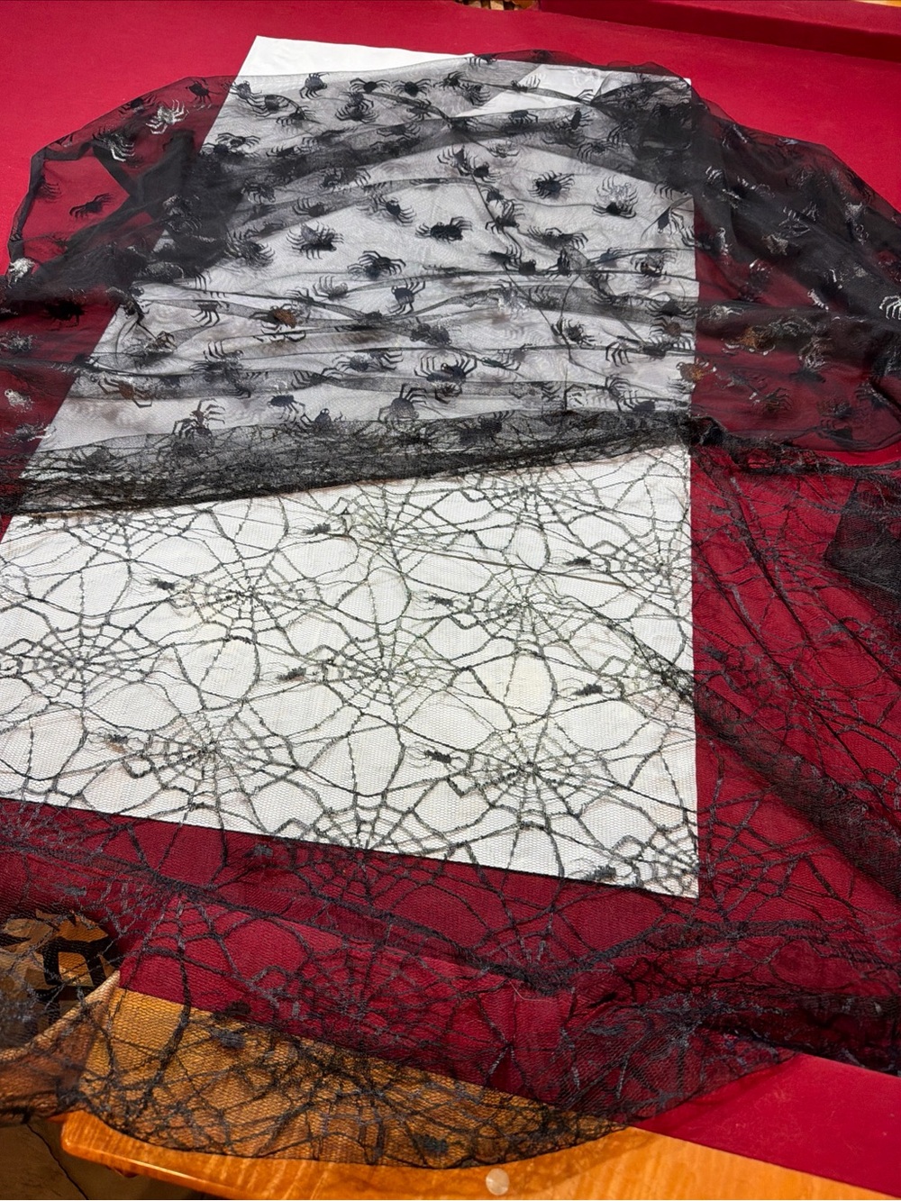 TWO 2 Black Tulle SPIDER Web Mesh table Cloth Lace Halloween Costume Crafts SET